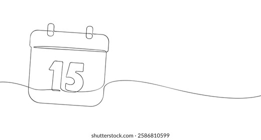 Simple one-line drawing of a desk calendar displaying fifteenth day of the month. The minimalistic design represents new beginnings, celebrations, and planning. Vector illustration.