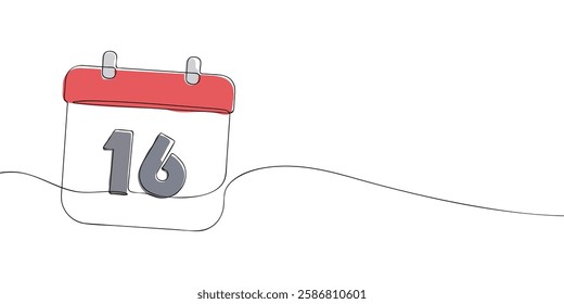 Simple one-line drawing of a desk calendar displaying sixteenth day of the month. The minimalistic design represents new beginnings, celebrations, and planning. Vector illustration.