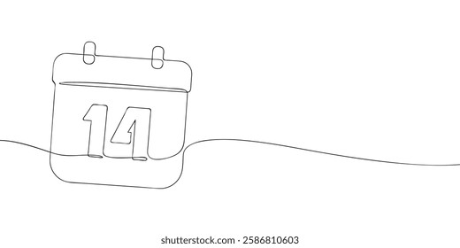 Simple one-line drawing of a desk calendar displaying fourteenth day of the month. The minimalistic design represents new beginnings, celebrations, and planning. Vector illustration.