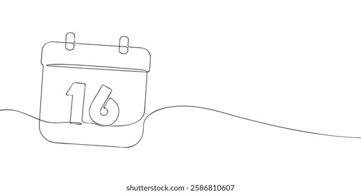 Simple one-line drawing of a desk calendar displaying sixteenth day of the month. The minimalistic design represents new beginnings, celebrations, and planning. Vector illustration.