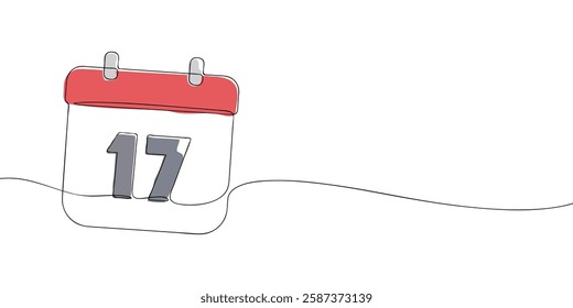 Simple one-line drawing of a desk calendar displaying seventeenth day of the month. The minimalistic design represents new beginnings, celebrations, and planning. Vector illustration.