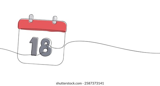 Simple one-line drawing of a desk calendar displaying eighteenth day of the month. The minimalistic design represents new beginnings, celebrations, and planning. Vector illustration.