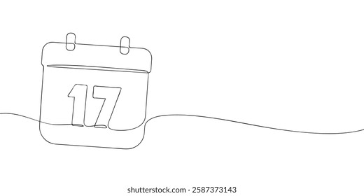 Simple one-line drawing of a desk calendar displaying seventeenth day of the month. The minimalistic design represents new beginnings, celebrations, and planning. Vector illustration.