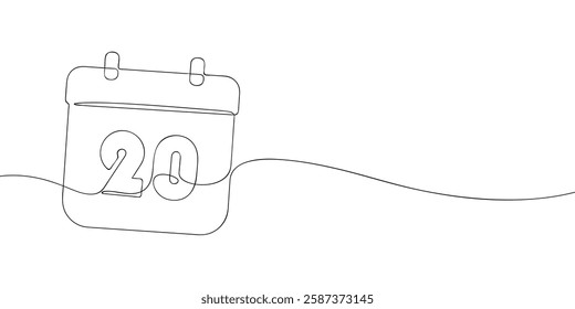 Simple one-line drawing of a desk calendar displaying twentieth day of the month. The minimalistic design represents new beginnings, celebrations, and planning. Vector illustration.