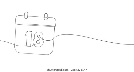 Simple one-line drawing of a desk calendar displaying eighteenth day of the month. The minimalistic design represents new beginnings, celebrations, and planning. Vector illustration.