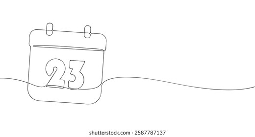 Simple one-line drawing of a desk calendar displaying twenty third day of the month. The minimalistic design represents new beginnings, celebrations, and planning. Vector illustration.