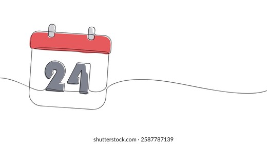 Simple one-line drawing of a desk calendar displaying twenty fourth day of the month. The minimalistic design represents new beginnings, celebrations, and planning. Vector illustration.