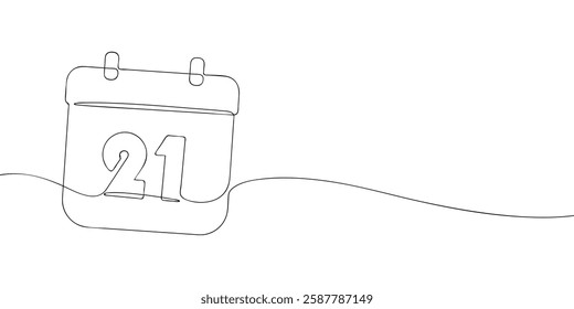 Simple one-line drawing of a desk calendar displaying twenty first day of the month. The minimalistic design represents new beginnings, celebrations, and planning. Vector illustration.