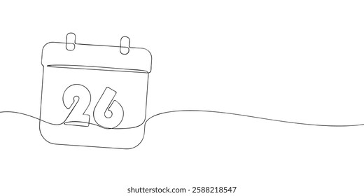 Simple one-line drawing of a desk calendar displaying twenty sixth day of the month. The minimalistic design represents new beginnings, celebrations, and planning. Vector illustration.