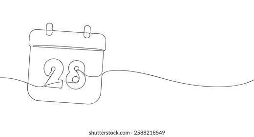 Simple one-line drawing of a desk calendar displaying twenty eighth day of the month. The minimalistic design represents new beginnings, celebrations, and planning. Vector illustration.