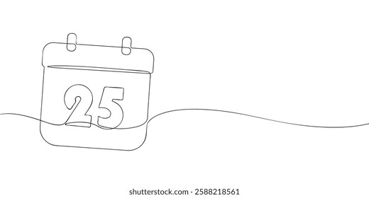 Simple one-line drawing of a desk calendar displaying twenty fifth day of the month. The minimalistic design represents new beginnings, celebrations, and planning. Vector illustration.