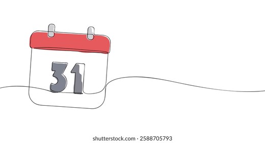 Simple one-line drawing of a desk calendar displaying thirty first day of the month. The minimalistic design represents new beginnings, celebrations, and planning. Vector illustration.