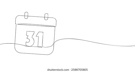 Simple one-line drawing of a desk calendar displaying thirty first day of the month. The minimalistic design represents new beginnings, celebrations, and planning. Vector illustration.