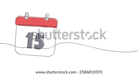 Simple one-line drawing of a desk calendar displaying fifteenth day of the month. The minimalistic design represents new beginnings, celebrations, and planning. Vector illustration.