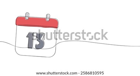 Simple one-line drawing of a desk calendar displaying thirteenth day of the month. The minimalistic design represents new beginnings, celebrations, and planning. Vector illustration.