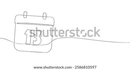 Simple one-line drawing of a desk calendar displaying thirteenth day of the month. The minimalistic design represents new beginnings, celebrations, and planning. Vector illustration.