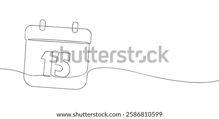 Simple one-line drawing of a desk calendar displaying fifteenth day of the month. The minimalistic design represents new beginnings, celebrations, and planning. Vector illustration.