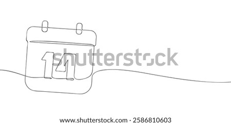 Simple one-line drawing of a desk calendar displaying fourteenth day of the month. The minimalistic design represents new beginnings, celebrations, and planning. Vector illustration.