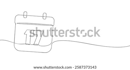 Simple one-line drawing of a desk calendar displaying seventeenth day of the month. The minimalistic design represents new beginnings, celebrations, and planning. Vector illustration.