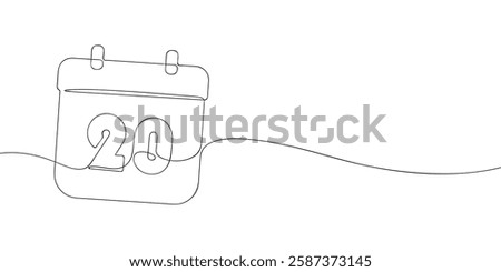 Simple one-line drawing of a desk calendar displaying twentieth day of the month. The minimalistic design represents new beginnings, celebrations, and planning. Vector illustration.