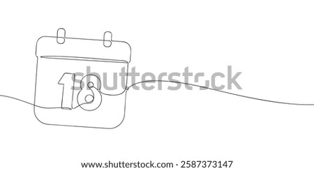 Simple one-line drawing of a desk calendar displaying eighteenth day of the month. The minimalistic design represents new beginnings, celebrations, and planning. Vector illustration.