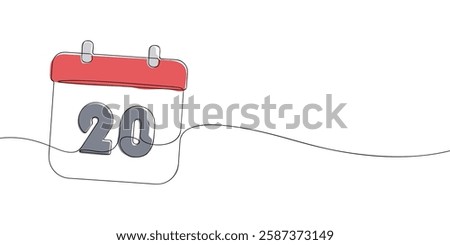 Simple one-line drawing of a desk calendar displaying twentieth day of the month. The minimalistic design represents new beginnings, celebrations, and planning. Vector illustration.