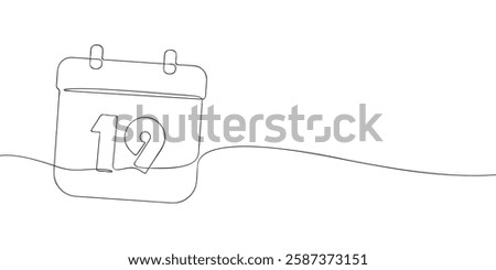 Simple one-line drawing of a desk calendar displaying nineteenth day of the month. The minimalistic design represents new beginnings, celebrations, and planning. Vector illustration.