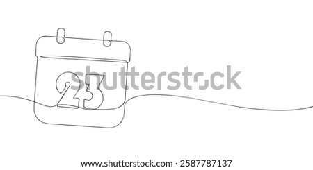 Simple one-line drawing of a desk calendar displaying twenty third day of the month. The minimalistic design represents new beginnings, celebrations, and planning. Vector illustration.