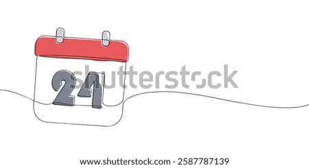 Simple one-line drawing of a desk calendar displaying twenty fourth day of the month. The minimalistic design represents new beginnings, celebrations, and planning. Vector illustration.