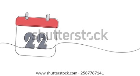 Simple one-line drawing of a desk calendar displaying twenty second day of the month. The minimalistic design represents new beginnings, celebrations, and planning. Vector illustration.