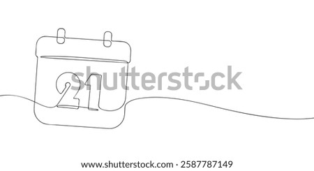 Simple one-line drawing of a desk calendar displaying twenty first day of the month. The minimalistic design represents new beginnings, celebrations, and planning. Vector illustration.