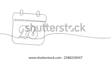 Simple one-line drawing of a desk calendar displaying twenty sixth day of the month. The minimalistic design represents new beginnings, celebrations, and planning. Vector illustration.