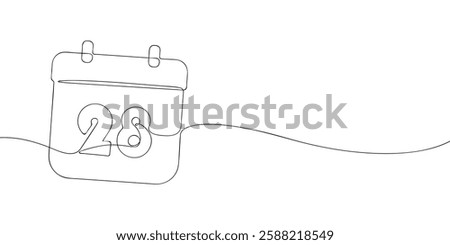 Simple one-line drawing of a desk calendar displaying twenty eighth day of the month. The minimalistic design represents new beginnings, celebrations, and planning. Vector illustration.