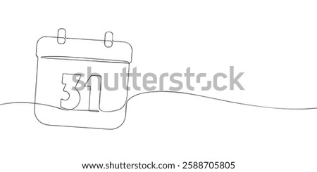 Simple one-line drawing of a desk calendar displaying thirty first day of the month. The minimalistic design represents new beginnings, celebrations, and planning. Vector illustration.