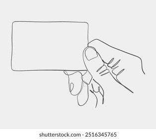 Simple one-line drawing of a hand holding a blank card, representing minimalism, business, and communication in an abstract style.