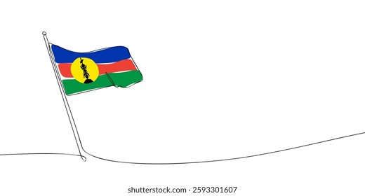 Simple one-line drawing of the New Caledonia flag waving on a pole, featuring blue, red, green stripes and a yellow emblem.  
