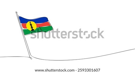 Simple one-line drawing of the New Caledonia flag waving on a pole, featuring blue, red, green stripes and a yellow emblem.  
