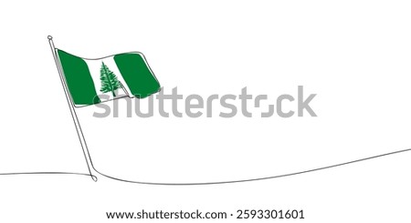 Simple one-line drawing of the Norfolk Island flag waving on a pole, featuring green and white stripes with a Norfolk pine in the center.  
