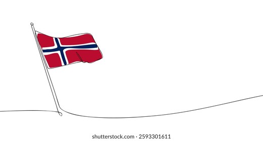 Simple one-line drawing of the Norwegian flag waving on a pole, featuring a red background with a blue cross outlined in white.  
