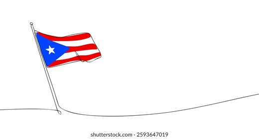 Simple one-line drawing of the Puerto Rico flag waving on a pole, featuring red and white stripes, a blue triangle, and a white star.  
