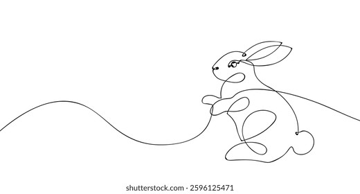 A simple, one-line drawing of a rabbit in a minimalist and modern style, featuring a flowing continuous stroke on a white background. Easter bunny. Vector illustration