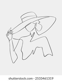 A simple one-line drawing of a woman wearing a wide-brimmed hat and scarf, representing minimalistic and modern artistic style.