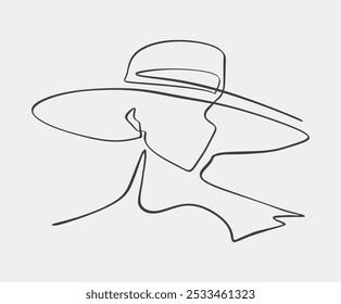 A simple one-line drawing of a woman wearing a wide-brimmed hat and scarf, representing minimalistic and modern artistic style.