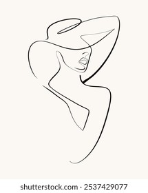 Simple one-line drawing of a woman wearing a wide-brimmed hat, showcasing elegance and style in a minimalist, abstract form.