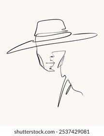 Simple one-line drawing of a woman wearing a wide-brimmed hat, showcasing elegance and style in a minimalist, abstract form.