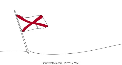 Simple one-line illustration of the Alabama state flag, featuring a red St. Andrew's cross on a white background, waving on a flagpole.  
