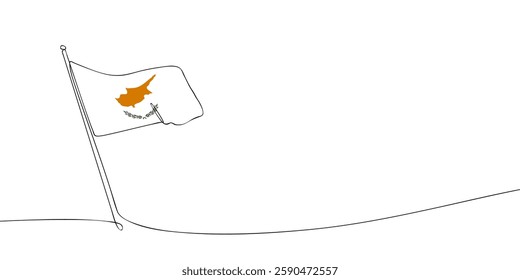 Simple one-line illustration of the Cyprus flag on a flagpole. The white flag features a copper-orange island map above olive branches symbolizing peace.  
