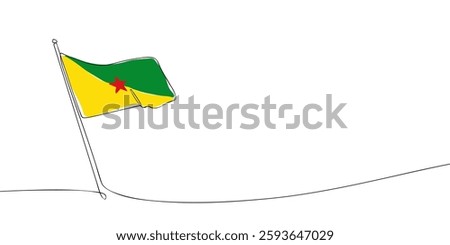 Simple one-line illustration of the French Guiana flag waving, featuring a diagonal green and yellow design with a central red star.  
