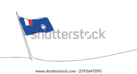 Simple one-line illustration of the French Southern and Antarctic Lands flag waving, featuring a blue field with French and TAAF symbols.  
