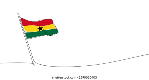 Simple one-line illustration of the Ghana flag on a flagpole. The red, yellow, green, and black star symbolize the nation's heritage and independence.  
